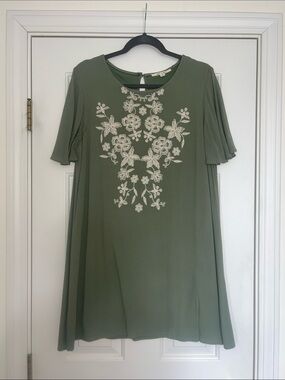 miami Olive Green Dress with White Floral Embroidery